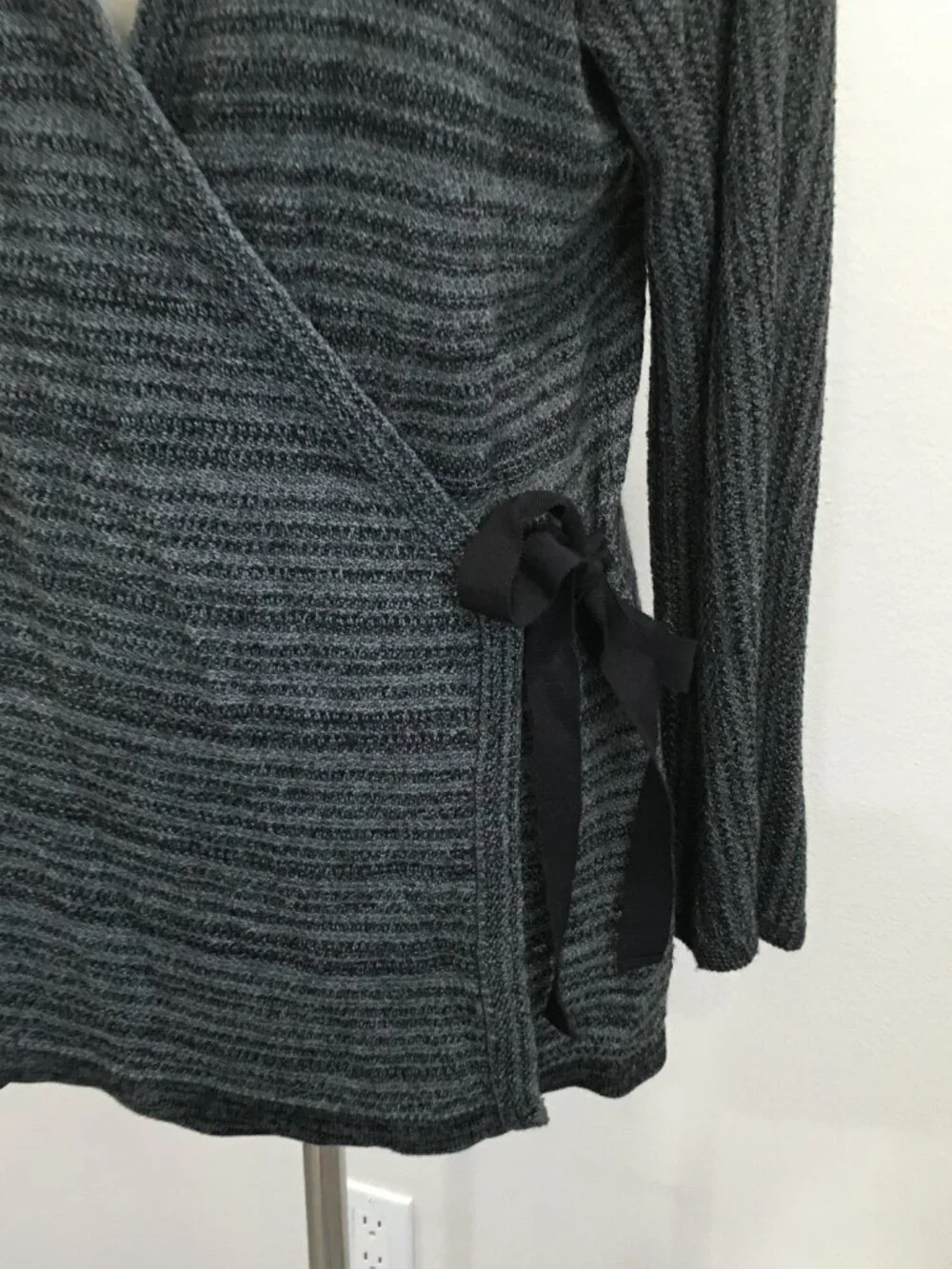EILEEN FISHER Black Gray Merino Wool Blend Knit Belted Wrap Cardigan
